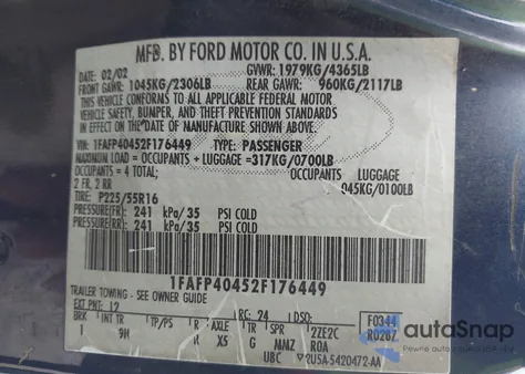 2002 Ford Mustang z USA, uszkodzony, nr VIN 1FAFP40452F176449